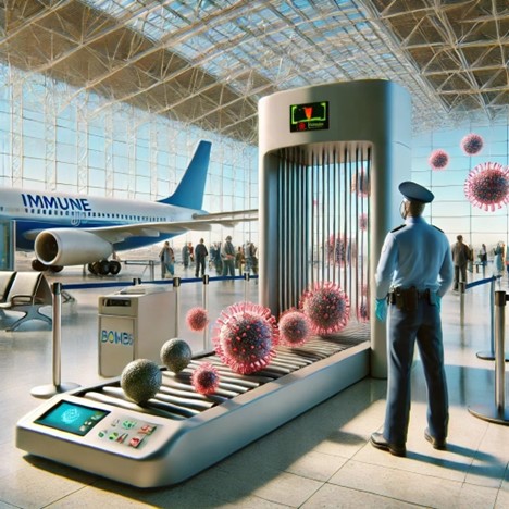 In the Body’s Bodyguards airport scanners are used as an analogy of some of the receptors (in the innate immune system), that can recognize foreign microorganisms.